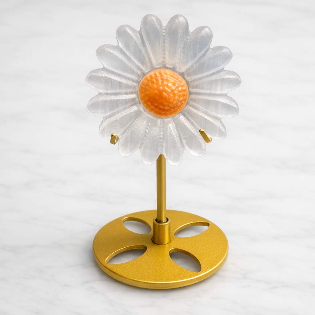 Selenite Daisy Flower Carving with Gold Stand
