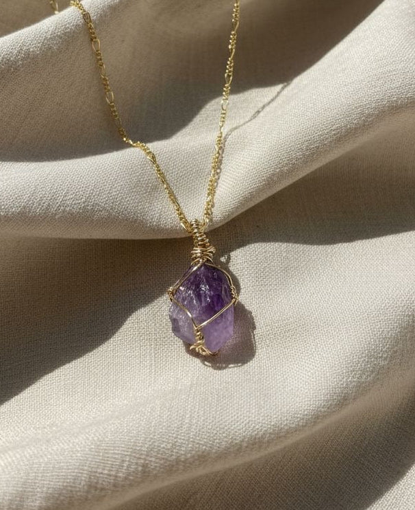 Raw Amethyst Wire Wrapped Necklace | Gold Crystal Pendant Necklace