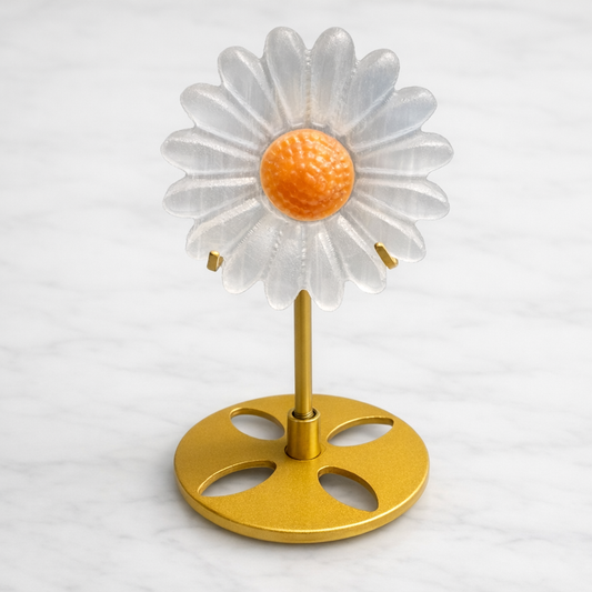 Selenite Daisy Flower Carving with Gold Stand